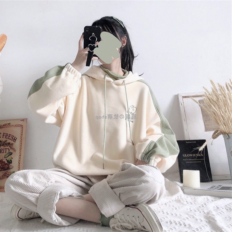 学生休闲运动套装女秋冬季可爱刺绣加绒加厚卫衣潮+裤子两件套