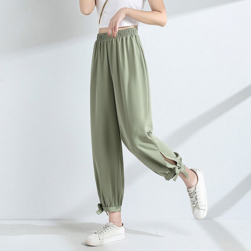 冰丝灯笼裤女雪纺夏季新款胖mm女裤垂坠感宽松薄款束脚九分休闲裤