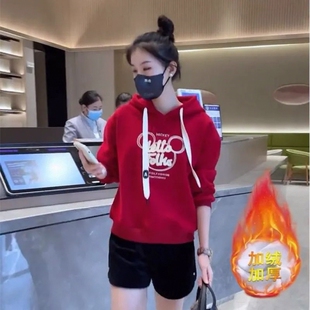 加绒加厚卫衣女士秋冬新款韩版时尚宽松减龄小个子连帽外套上衣潮