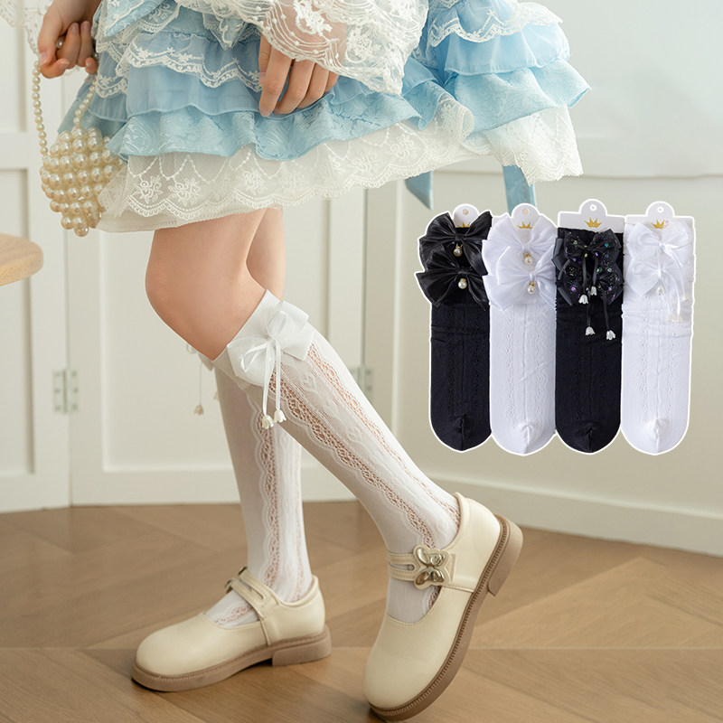 女童小腿袜夏季薄款洛丽塔儿童蝴蝶结公主长袜宝宝网眼过膝长筒袜