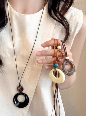 圆环吊坠黑绳长款项链女简约百搭感毛衣链秋冬小众卫衣链配饰