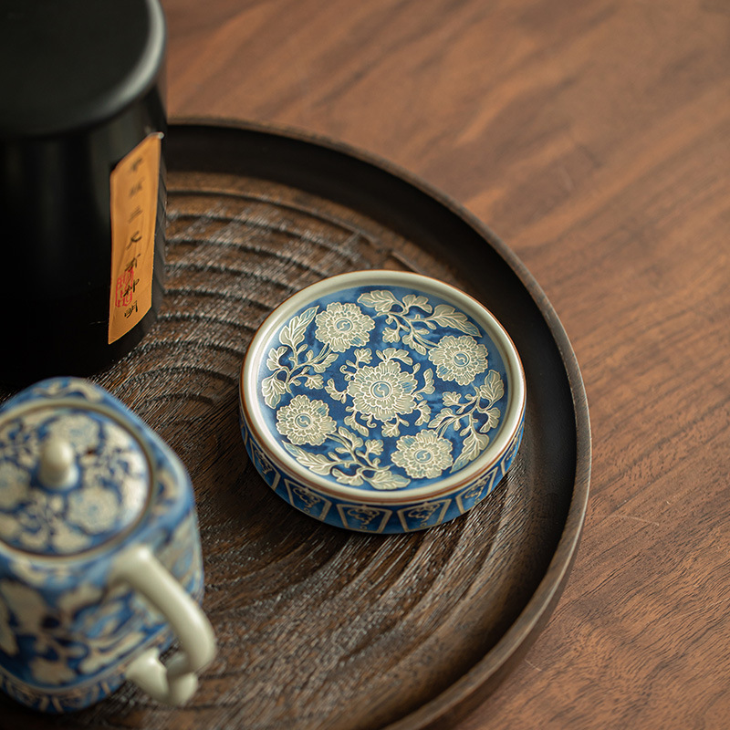 仿宋汝窑元青花盖置杯垫茶杯托