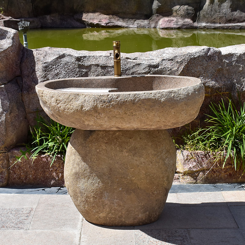 天然鹅卵石洗衣池复古石头洗手盆花园水池庭院一体洗衣槽带搓衣板
