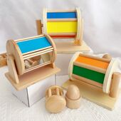 蒙氏玩具0 3木制纺织鼓婴儿童早教教具幼儿园实木彩虹滚动鼓toys