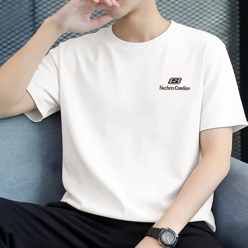 斯凯奇新款短袖男士款速干运动纯棉潮流圆领宽松半袖透气白色T恤