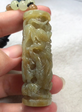 黄白老玉龙柱吊坠一物一图和田玉龙柱挂件