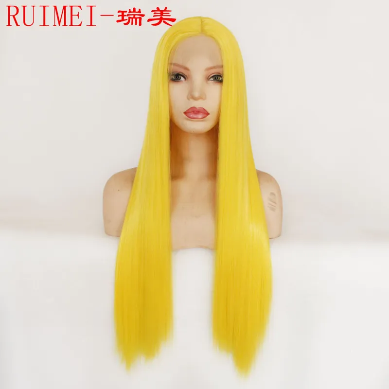 长顺直发黄色cosplay front lace wig synthetic化纤假发外贸出口