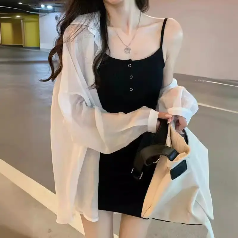 辣妹套装连衣裙女2025中长款冰丝衬衫显瘦性感吊带包臀短裙两件套