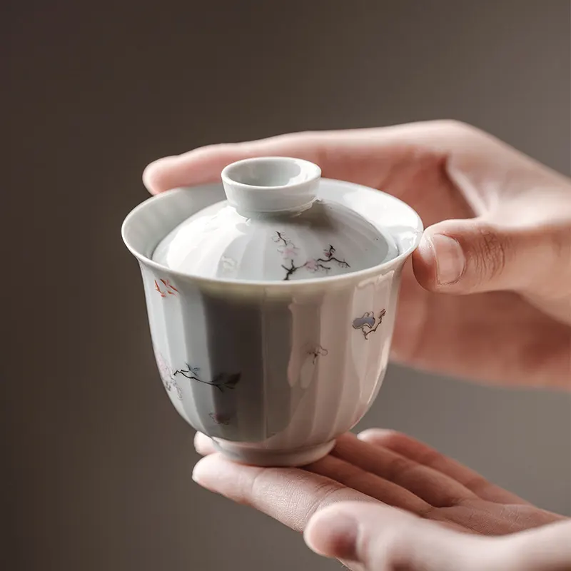拟古青瓷流水条纹棱今盖碗功夫茶具泡茶碗手工薄胎敬茶碗