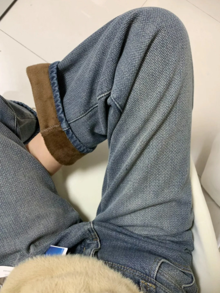 300斤大码女装阔腿牛仔裤女秋冬加绒裤子胖mm显瘦星空纹直筒裤子2