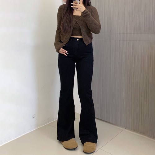 特大码胖mm黑色弹力微喇牛仔裤女高腰梨形身材遮胯显瘦马蹄裤子