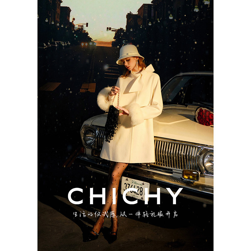 【柔软绵羊毛】CHICHY白色中长款双面毛呢大衣女秋冬款蝴蝶结外套