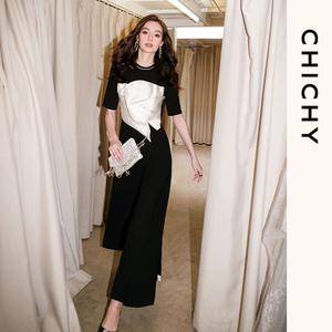 CHICHY明星同款高级感花瓣连体裤女春夏新款黑色高腰显瘦阔腿长裤
