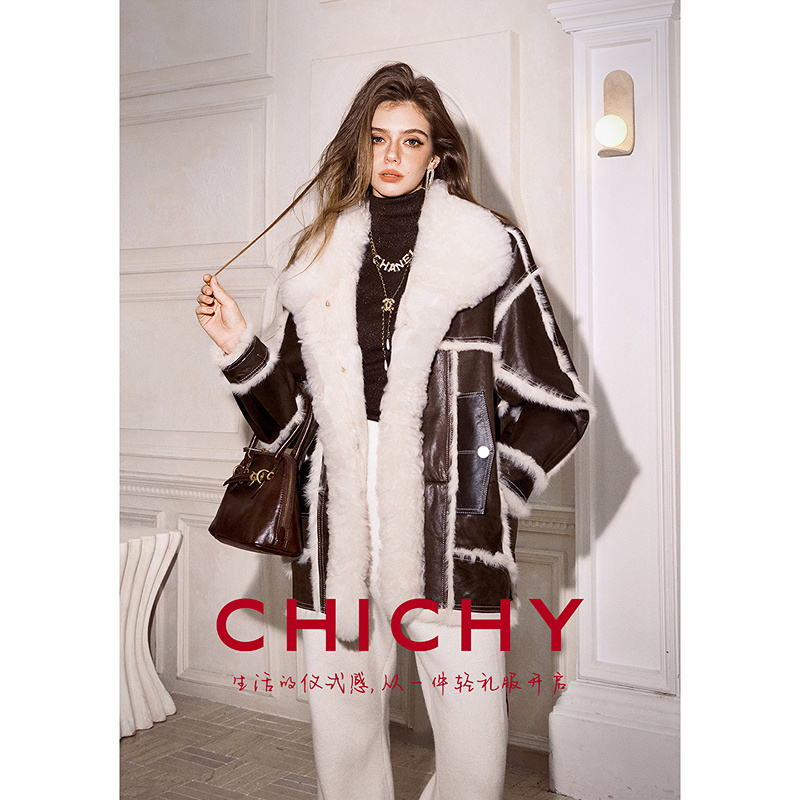 CHICHY棕色洋气皮毛一体皮草外套