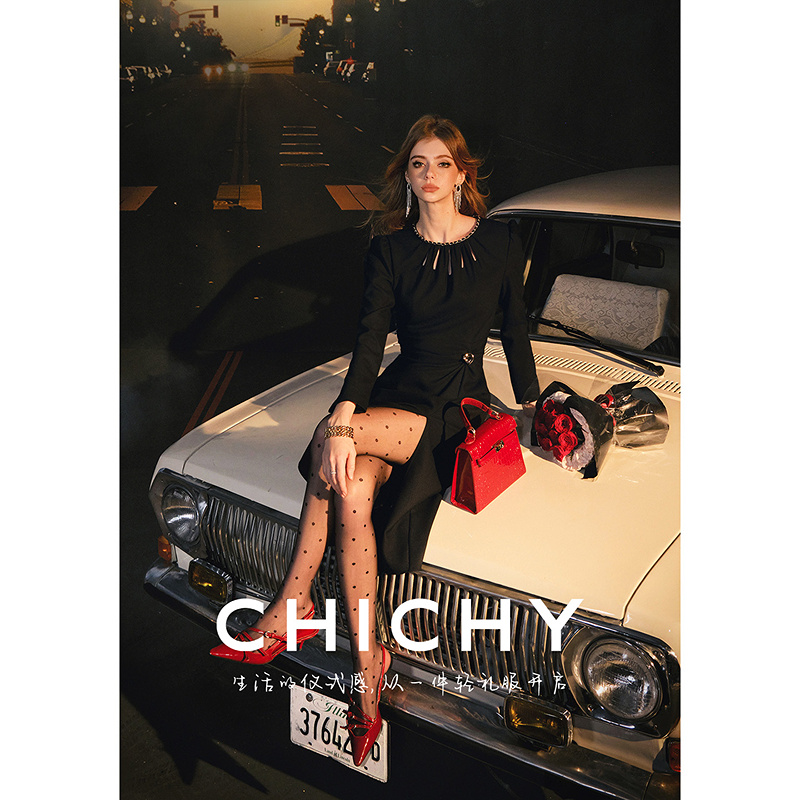 CHICHY法式黑色长袖礼服连衣裙