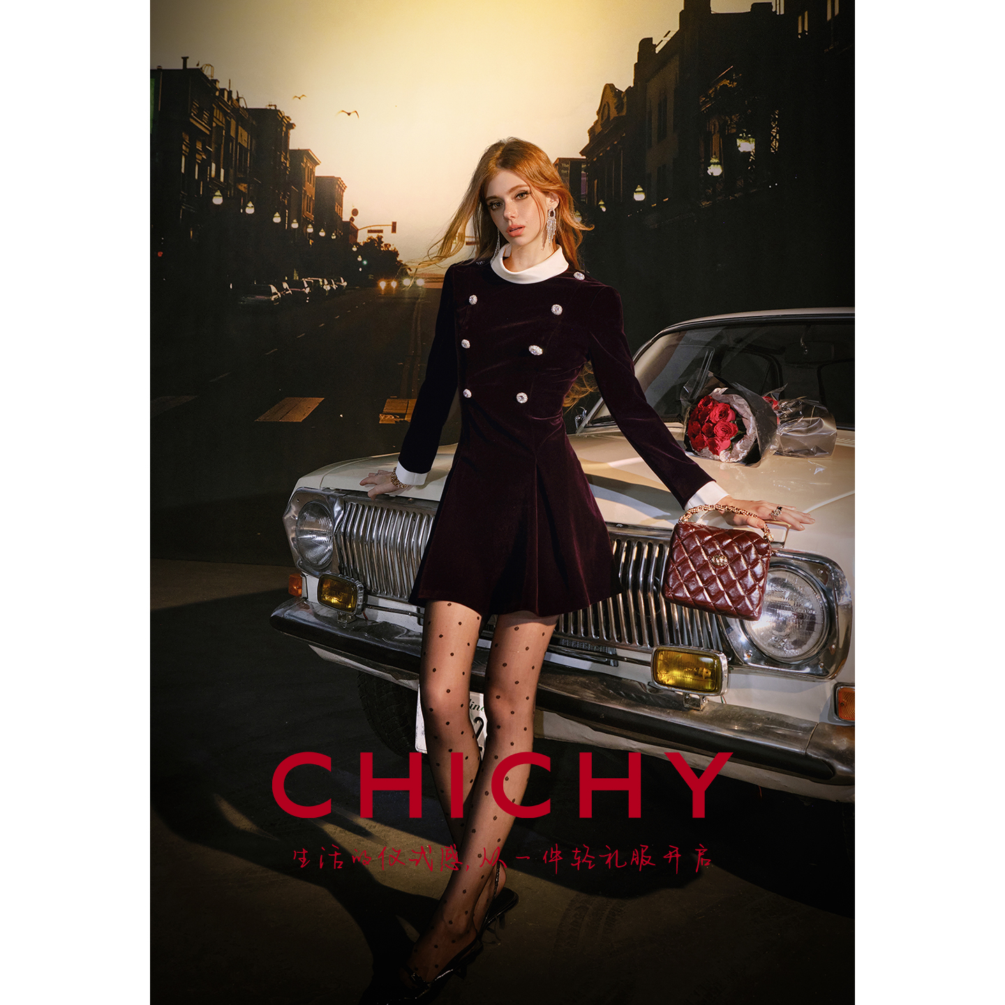 CHICHY复古安可拉红丝绒连衣裙