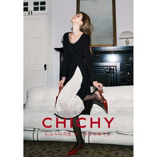 【质感醋纤】CHICHY法式拼接长袖连衣裙女26春季新款黑色修身长裙