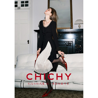 CHICHY法式黑色长袖拼接连衣裙