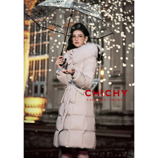 CHICHY冬日恋歌 白色轻薄零压长款泡芙鸭绒羽绒服女冬季保暖外套