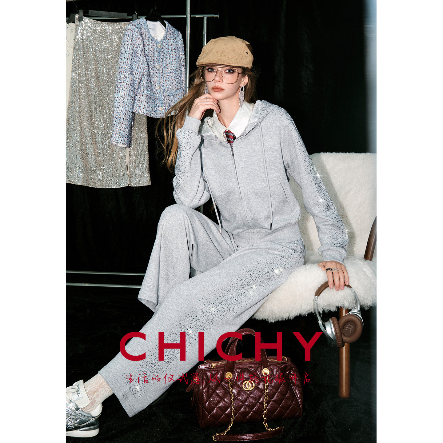 CHICHY法式灰色烫钻休闲套装
