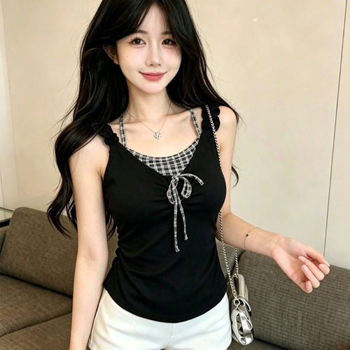 超级立减灰色格纹拼接假两件蝴蝶结背心吊带女超火减龄款韩系上衣