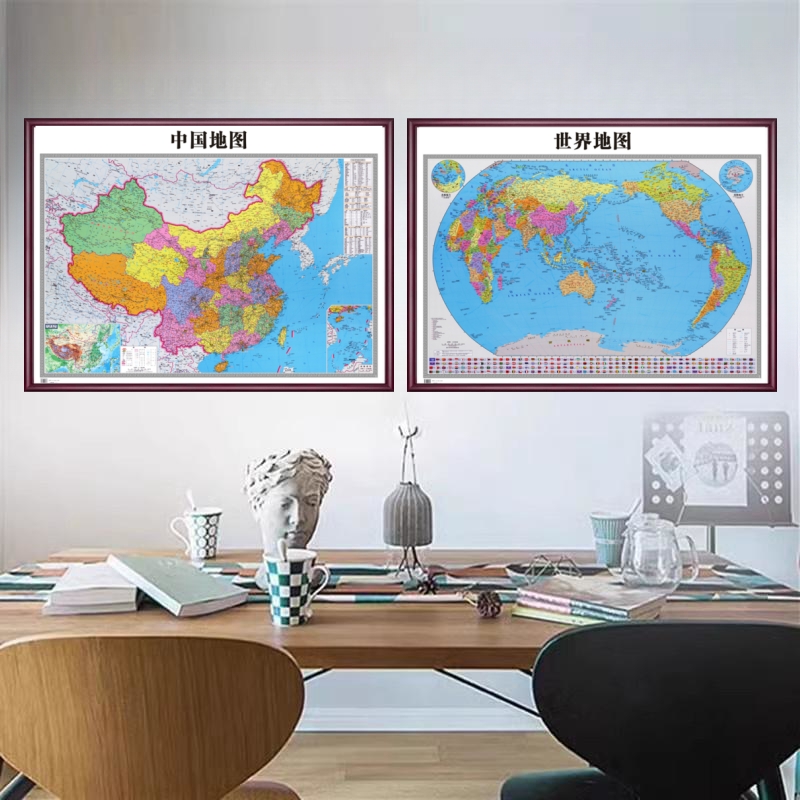 2025新版高清中国世界地图挂画办公室客厅装饰壁画带框省市可定制图片