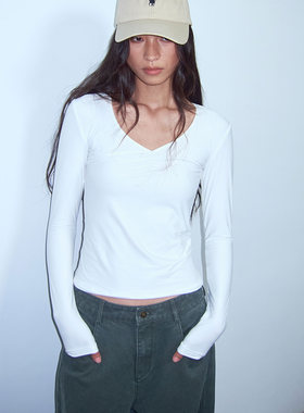 A DoOr 2色弹力V领打底衫 双层长袖胸口褶皱 Leah 美式高弹内搭