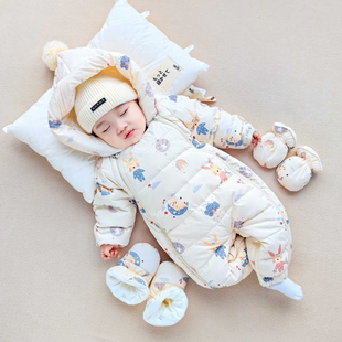 睿也婴儿连体羽绒服冬季装新生儿连体衣外出衣服男女宝宝哈衣抱服