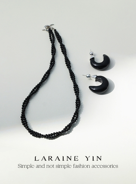 LARAINE YIN小众设计黑色玛瑙串珠项链925纯银ot扣锁骨链复古时髦