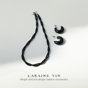 LARAINE YIN小众设计黑色玛瑙串珠项链925纯银ot扣锁骨链复古时髦