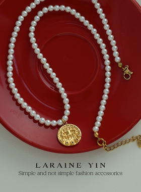 小众设计珍珠项链恶魔之眼金币吊坠锁骨链镀18K金颈链白百何同款
