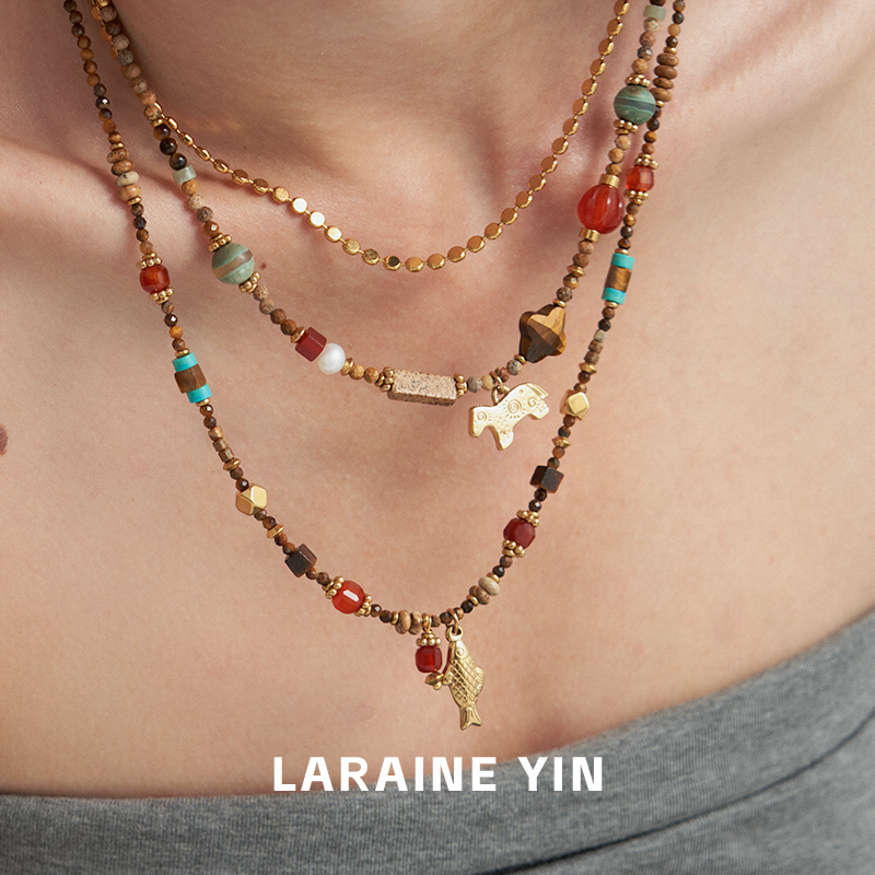 【浅汐】原创设计串珠项链锦鲤小鱼吊坠叠戴锁骨链民族风