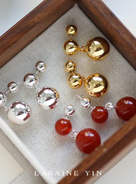 丹麦Lie法式复古高级红玛瑙耳环简约小众设计圆球耳坠S925银耳饰