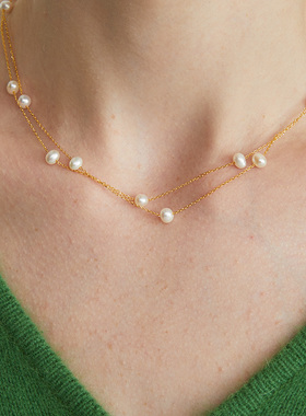 LARAINE YIN法式双层淡水珍珠锁骨链复古项链银饰镀金925银