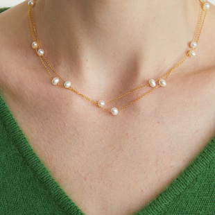 LARAINE 双层淡水珍珠锁骨链复古项链银饰镀金925银 YIN法式