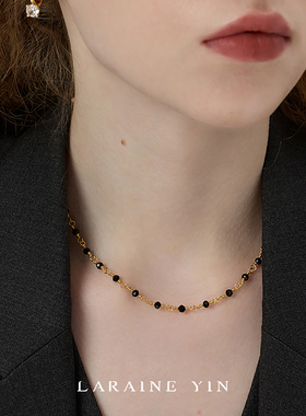 复古小众黑色尖晶石串珠项链杨采钰同款锁骨链chocker秋冬毛衣链