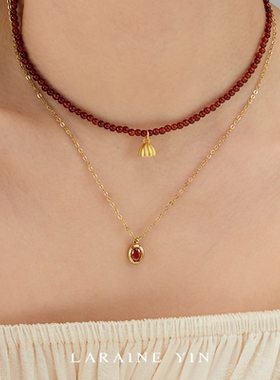 LARAINE YIN复古红玛瑙串珠莲蓬吊坠项链镀18K金海螺气质潮流颈链