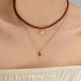 LARAINE YIN复古红玛瑙串珠莲蓬吊坠项链镀18K金海螺气质潮流颈链