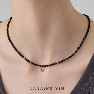LARAINE YIN黑色人造水晶石项链小众设计感十字架吊坠冷性风