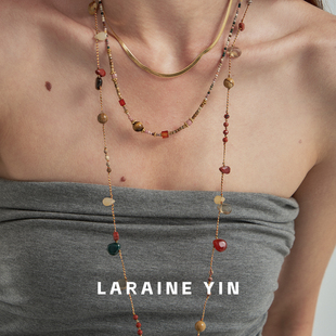 LARAINE YIN原创设计小众串珠项链叠戴锁骨链虎眼石红玛瑙吊坠