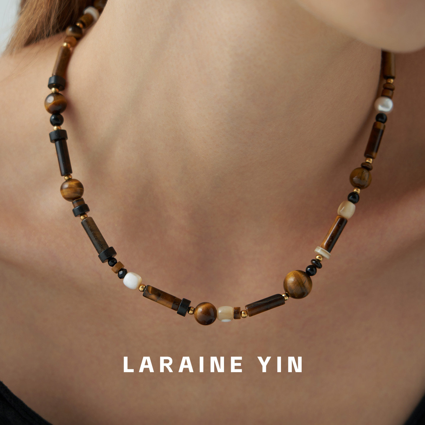 LaraineYin民族风虎眼石杏色白贝钢项链女高级感气质百搭锁骨链