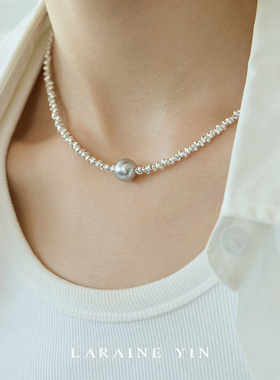 LARAINE YIN碎银子真多麻灰色珍珠项链清冷锁骨链重工纯银手链