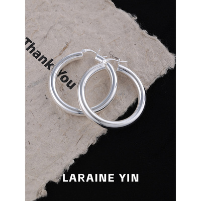 S925纯银粗耳圈欧美个性圈圈耳环小众几何光面素圈耳饰