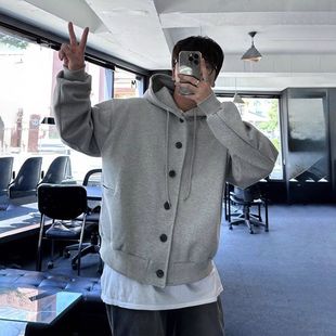 潮流简约连帽灰色时尚外套卫衣休闲开衫运动男2025春秋韩版潮新款
