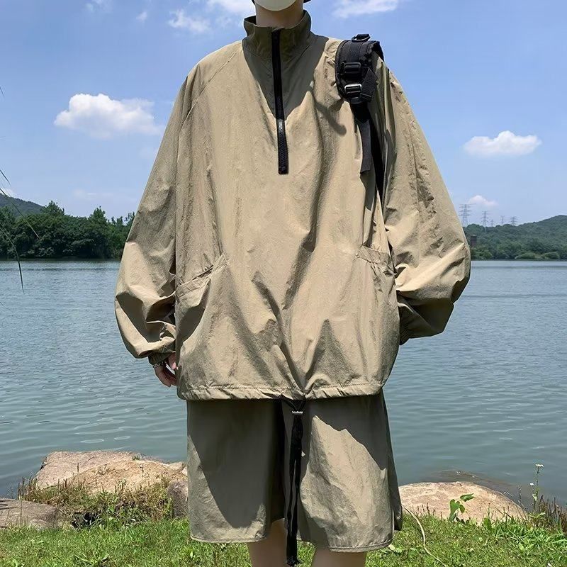 休闲套装短裤速干长袖男款冰丝夏季新款时尚防晒衣潮牌两件套运动