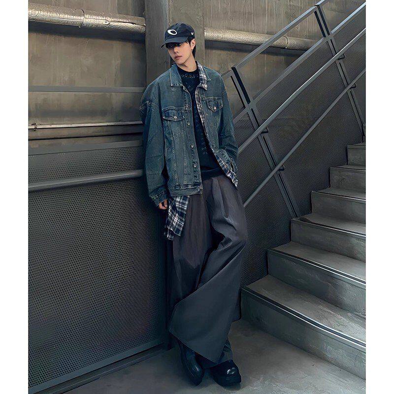 男夹克痞帅格子衬衫拼接美式假两件牛仔外套小众设计感高街高级感