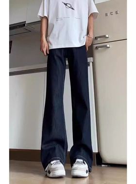 秋季直筒美式高街裤子深蓝色加长丹宁弯刀男款牛仔裤高个子微喇裤
