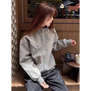 高级感男款皮夹克上衣痞帅lec秋季外套短款美式拼接anfit解构灰色