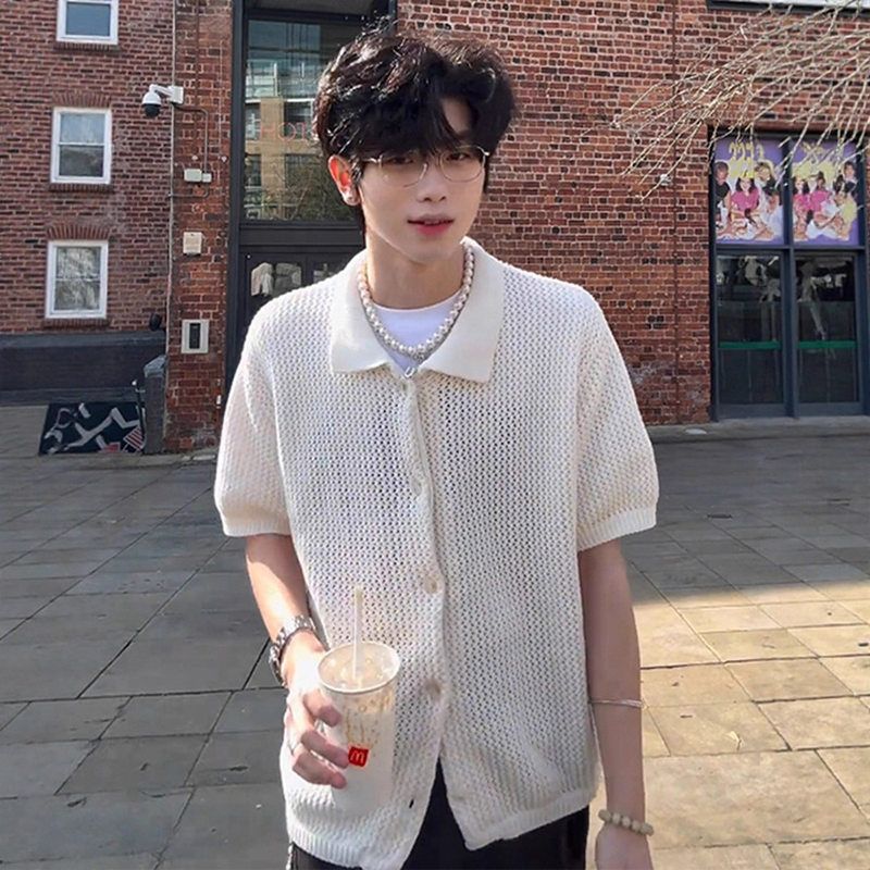 衬衫c设计感潮男小众短袖衬衣ins白色半截袖镂空anfit翻领le网眼