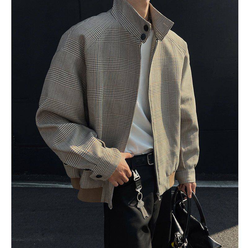 高级感夹克男cle外套千鸟格春秋男款立领美式复古哈灵顿痞帅anfit
